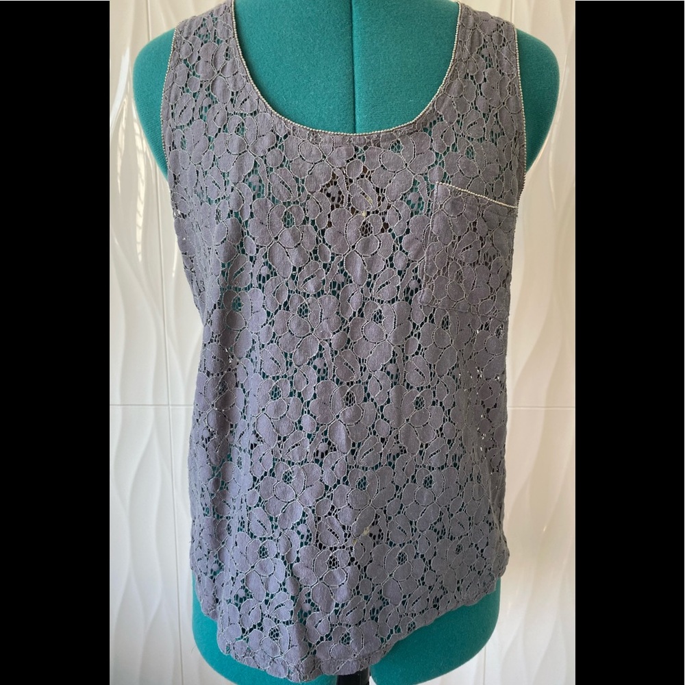 EYESHADOW sheer lace tank top with beaded trim